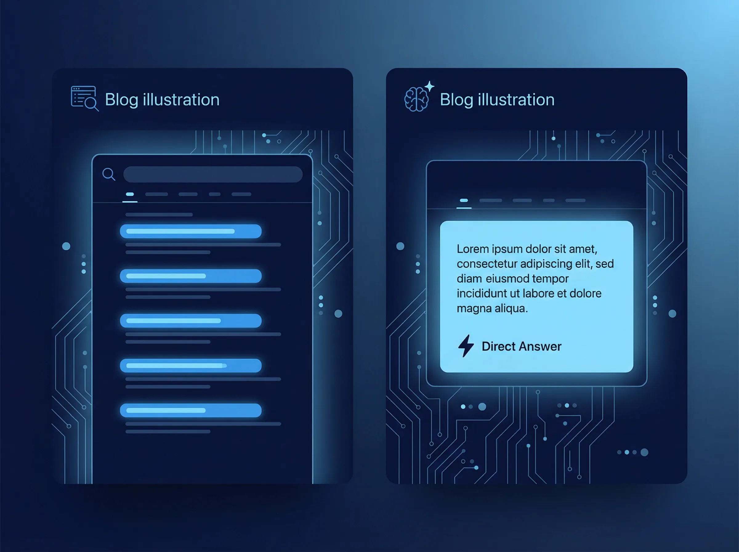 Comparison of traditional SEO search results (list of links) versus AI Search Optimization (direct answer snippet)